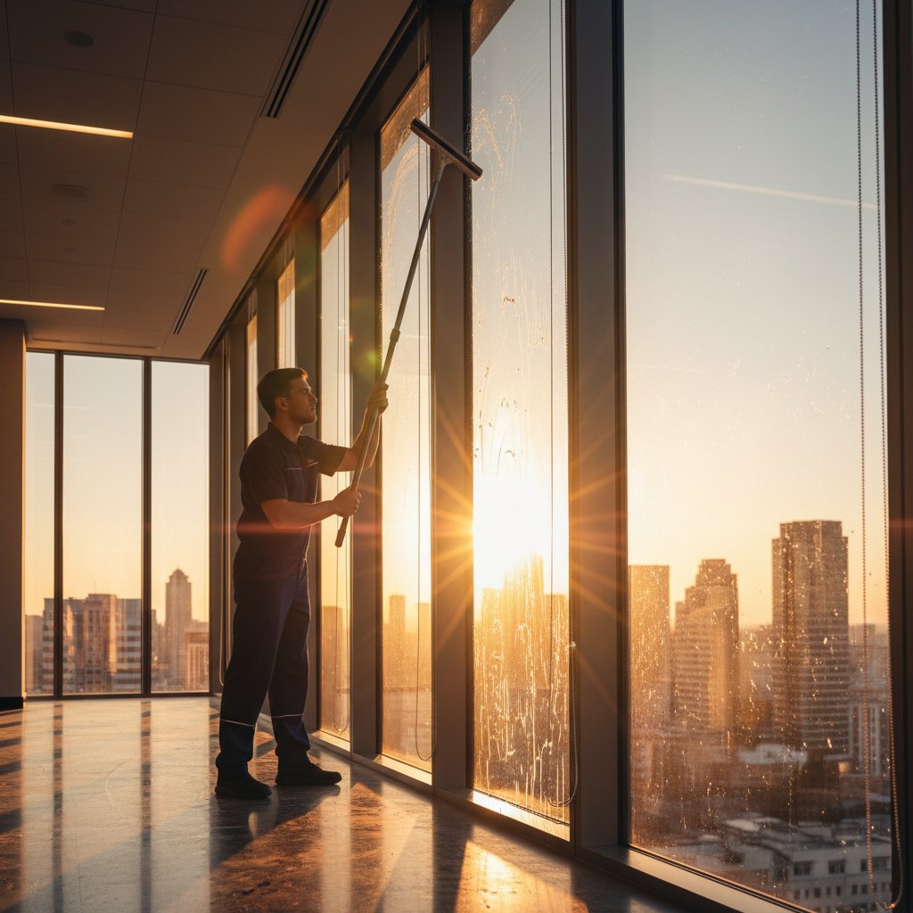 Professional cleaning team at work in modern London office space